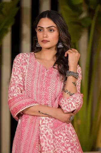  pink leaf print piping on yoke straight kurta with trousers and dupatta set