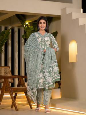  green cotton straight paisley print kurta with trousers and dupatta set 1