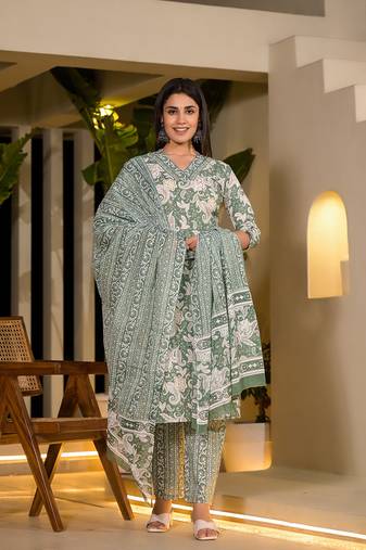  green cotton straight paisley print kurta with trousers and dupatta set
