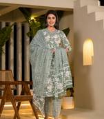  green cotton straight paisley print kurta with trousers and dupatta set