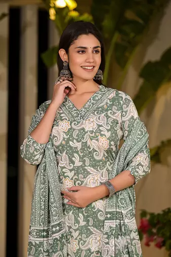  green cotton straight paisley print kurta with trousers and dupatta set