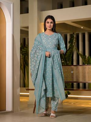  blue floral print cotton anarkali style kurta with trousers with dupatta set 1