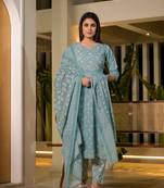  blue floral print cotton anarkali style kurta with trousers with dupatta set
