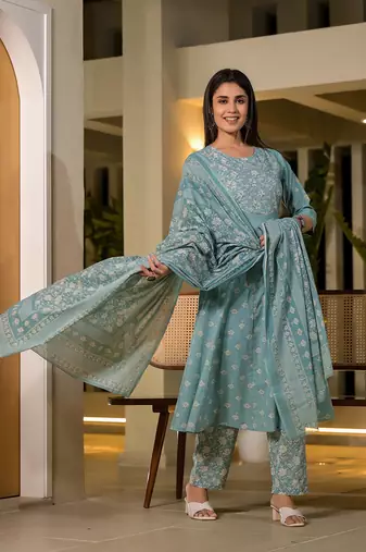  blue floral print cotton anarkali style kurta with trousers with dupatta set