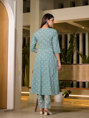  blue floral print cotton anarkali style kurta with trousers with dupatta set 3