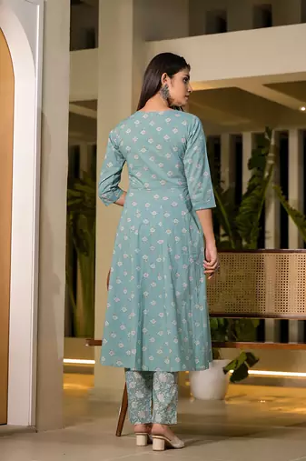  blue floral print cotton anarkali style kurta with trousers with dupatta set