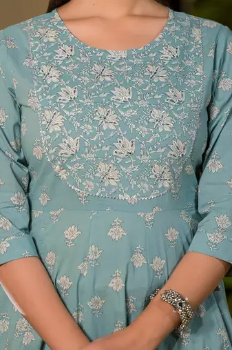  blue floral print cotton anarkali style kurta with trousers with dupatta set