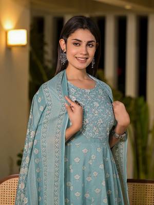  blue floral print cotton anarkali style kurta with trousers with dupatta set 5