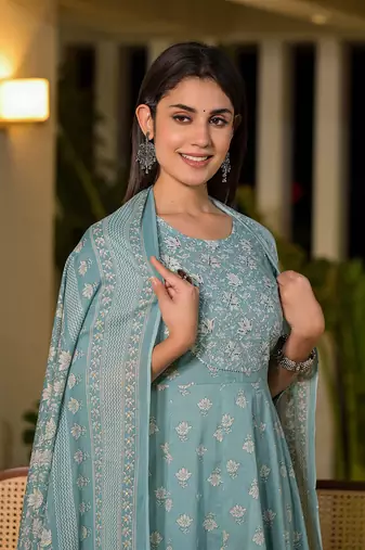  blue floral print cotton anarkali style kurta with trousers with dupatta set