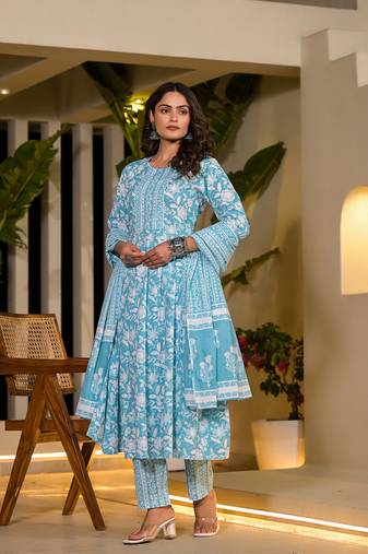  sky blue cotton anarkali style sequins work kurta with trousers and dupatta set