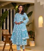  sky blue cotton anarkali style sequins work kurta with trousers and dupatta set