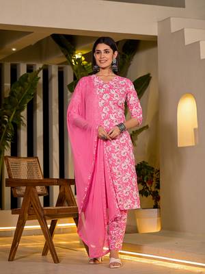  pink floral print cotton straight kurta with trousers and dupatta set 1