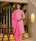  pink floral print cotton straight kurta with trousers and dupatta set