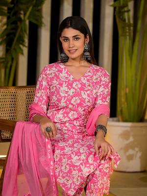 pink floral print cotton straight kurta with trousers and dupatta set 5