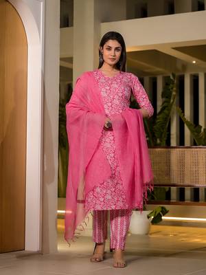  pink pure cotton floral print straight kurta with trousers and dupatta set 1