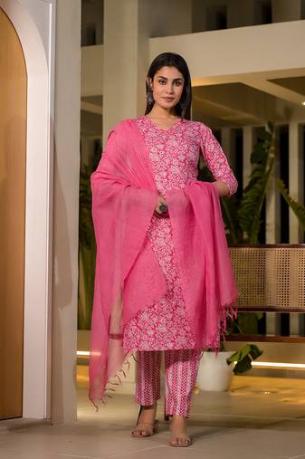  pink pure cotton floral print straight kurta with trousers and dupatta set