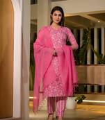  pink pure cotton floral print straight kurta with trousers and dupatta set