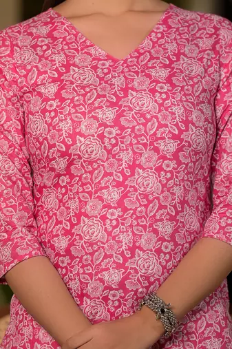  pink pure cotton floral print straight kurta with trousers and dupatta set