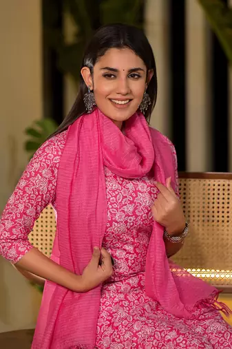  pink pure cotton floral print straight kurta with trousers and dupatta set