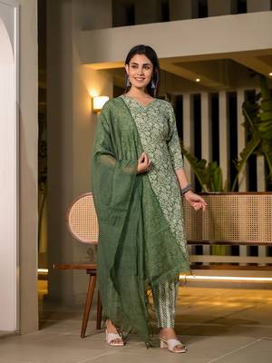  sea green pure cotton floral print straight kurta with trousers and dupatta set 1