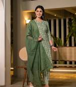  sea green pure cotton floral print straight kurta with trousers and dupatta set