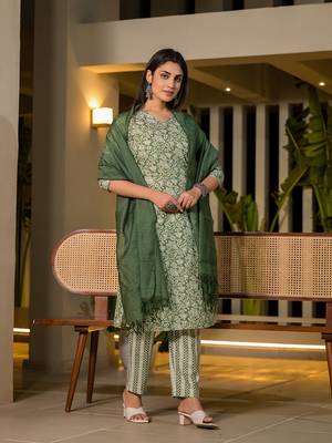  sea green pure cotton floral print straight kurta with trousers and dupatta set 2