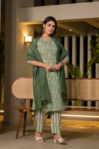  sea green pure cotton floral print straight kurta with trousers and dupatta set