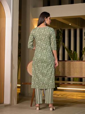  sea green pure cotton floral print straight kurta with trousers and dupatta set 3