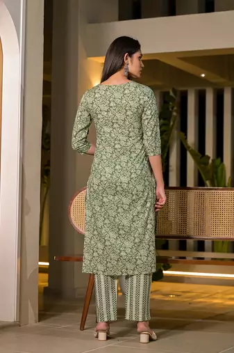  sea green pure cotton floral print straight kurta with trousers and dupatta set