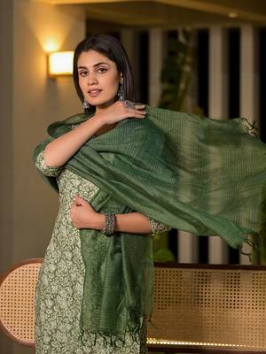  sea green pure cotton floral print straight kurta with trousers and dupatta set 5