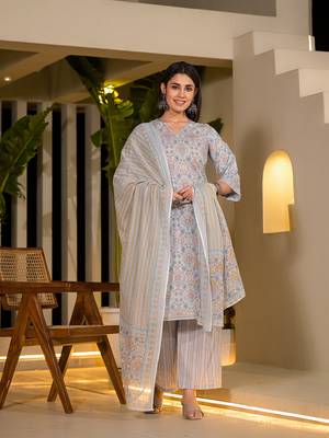  sky blue pure cotton floral print straight kurta with palazzo and dupatta set 1