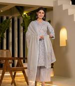  sky blue pure cotton floral print straight kurta with palazzo and dupatta set
