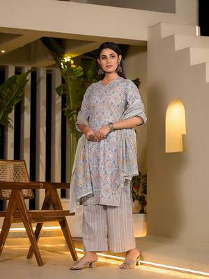 sky blue pure cotton floral print straight kurta with palazzo and dupatta set 2