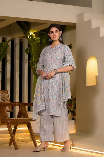  sky blue pure cotton floral print straight kurta with palazzo and dupatta set