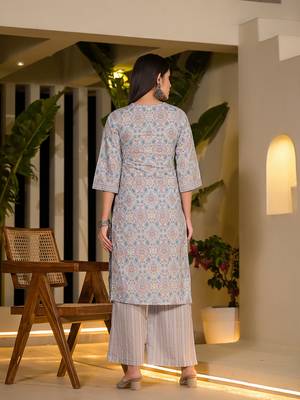  sky blue pure cotton floral print straight kurta with palazzo and dupatta set 3
