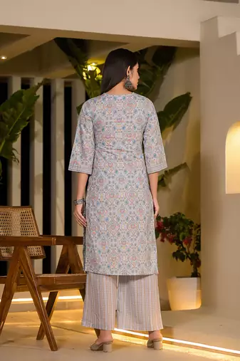  sky blue pure cotton floral print straight kurta with palazzo and dupatta set