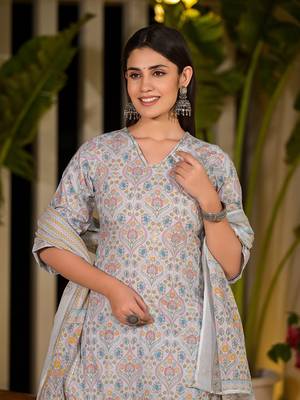  sky blue pure cotton floral print straight kurta with palazzo and dupatta set 5