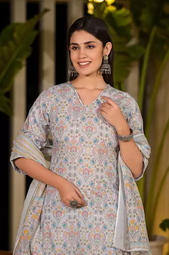  sky blue pure cotton floral print straight kurta with palazzo and dupatta set