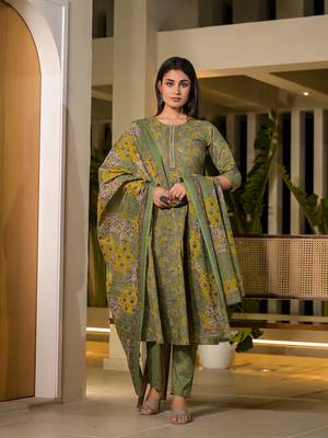 green thread work cotton anarkali style kurta and trousers with dupatta set 1