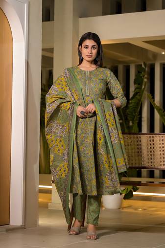  green thread work cotton anarkali style kurta and trousers with dupatta set