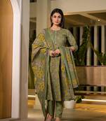  green thread work cotton anarkali style kurta and trousers with dupatta set