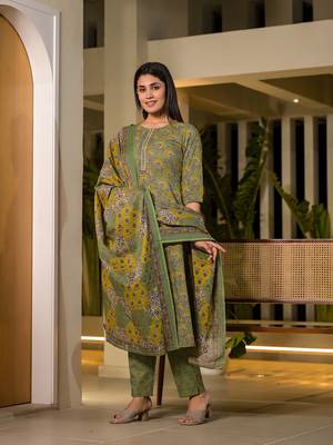  green thread work cotton anarkali style kurta and trousers with dupatta set 2