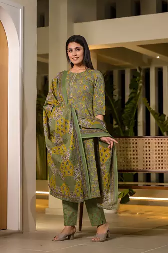  green thread work cotton anarkali style kurta and trousers with dupatta set
