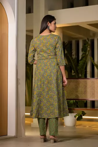  green thread work cotton anarkali style kurta and trousers with dupatta set