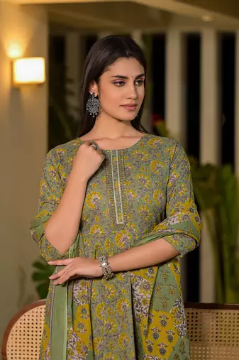  green thread work cotton anarkali style kurta and trousers with dupatta set