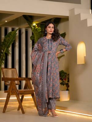  grey thread work cotton anarkali style kurta and trousers with dupatta set 1