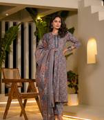  grey thread work cotton anarkali style kurta and trousers with dupatta set