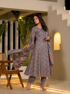  grey thread work cotton anarkali style kurta and trousers with dupatta set 2