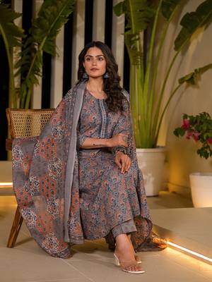  grey thread work cotton anarkali style kurta and trousers with dupatta set 5