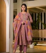  pink thread work cotton anarkali style kurta and trousers with dupatta set